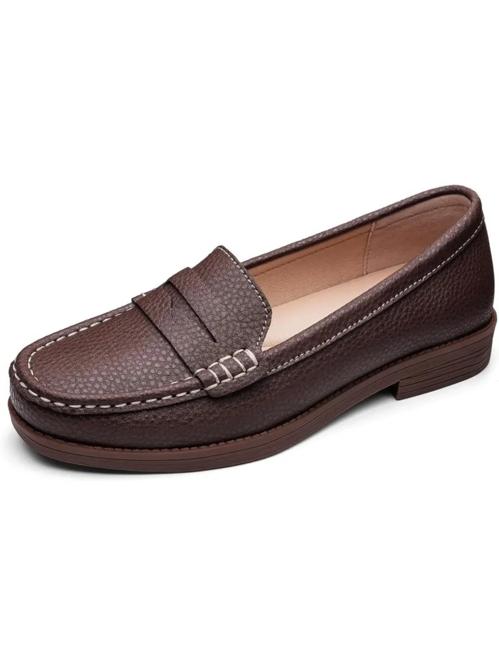 Women's Coffee Leather Comfortable Penny Loafers Slip On Casual Walking Shoes